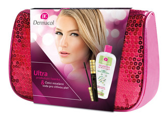 Dermacol Ultra Tech prodlužující řasenka 10 ml + čisticí micelární voda Sensitive 400 ml + růžová kosmetická taška