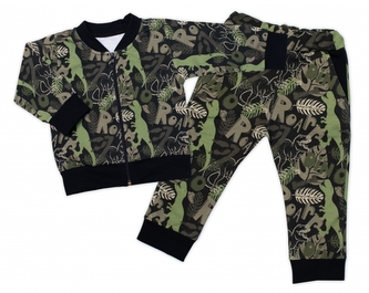 Stylová bavlněná tepláková souprava G-baby,  Dino - khaki/černá, vel. 86; 86 (12-18m)