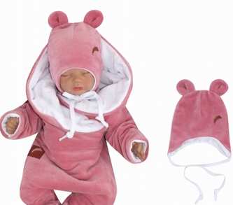 Z&Z Velurová čepice na zavazování s oušky, pudrová, vel. 68/74; 68/74 (6-9m)