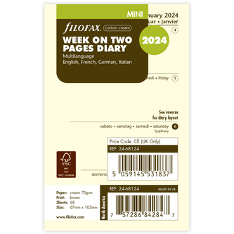 Filofax, Kalendář 2024 mini, týden/2 strany, krémová, 4 jazyky