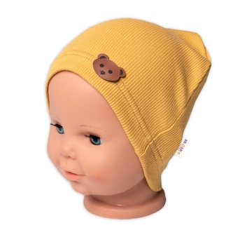 Baby Nellys Žebrovaná čepice Medvídek - hořčicová; 68/74 (6-9m)