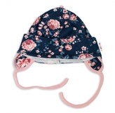 Bavlněná čepička s oušky na zavazování- Růžičky, pudrová/granátová; 50 (0-1m)