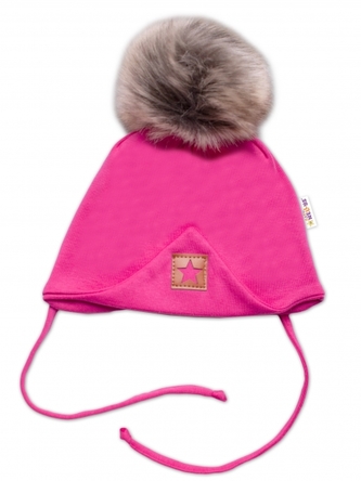 Zimní,podzimní bavlněná dvouvrstvá čepice s bambulí na zavazování Star, růžová; 56-68 (0-6 m)