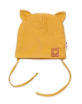Baby Nellys Bavlněná dvouvrstvá čepice s oušky na zavazování FOX - hořčicová, vel. 80/86; 80/86 (12-18m)