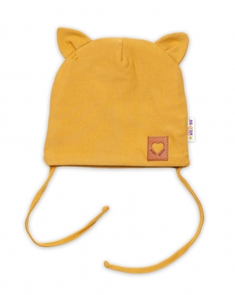 Baby Nellys Bavlněná dvouvrstvá čepice s oušky na zavazování FOX - hořčicová, vel. 80/86; 80/86 (12-18m)