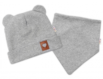 Baby Nellys Žebrovaná dvouvrstvá čepice s oušky + šátek TEDDY - šedý melír; 56/62 (0-3m)