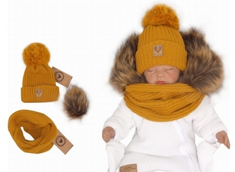 Z&Z Zimní čepice 3v1 + komínek, medová hořčice, vel. 68/80; 68-80 (6-12m)