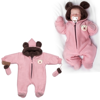 Oteplená pletená kombinéza s rukavičkama Teddy Bear, Baby Nellys, dvouvrstvá,růžová,vel.62; 62 (2-3m)