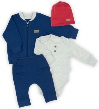 Bavlněná 4-dílná tepláková souprava Nicol, tepláčky, mikina, body a čepička, modrá; 62 (2-3m)