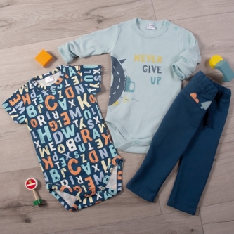 Body dl. rukáv, body kr. rukáv, tepláčky,3D sada K-Baby - Písmenka, modrá, vel. 80; 80 (9-12m)