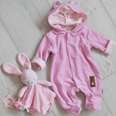 Semiškový, velurový overal s kapucí Baby Nellys New Bunny, růžový, vel. 74; 74 (6-9m)