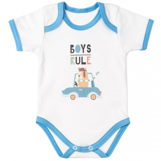 MBaby Bavlněné body s krátkým rukávem, Méďa Boys Rule, bílo/modré, vel. 86; 86 (12-18m)