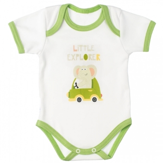 MBaby Bavlněné body s krátkým rukávem, Slůně Little Explorer, bílo/zelené; 56 (1-2m)