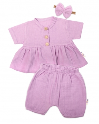 Baby Nellys 3-dílná mušelínová soupravička, tunika/halenka, kraťasky, čelenka, lila; 56 (1-2m)