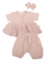 Baby Nellys 3-dílná mušelínová soupravička, tunika/halenka, kraťasky, čelenka, béžová; 56 (1-2m)