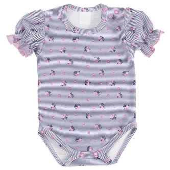 Body krátký rukáv s volánky, bavlna, MBaby, Proužek s květy, granát/růžová, vel. 86; 86 (12-18m)