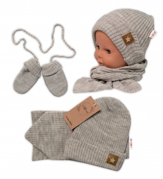 Baby Nellys Pletená čepice s šálou a rukavičky 3v1, STAR - béžová, vel. 56/62; 56/62 (0-3m)