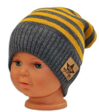 Podzimní/zimní proužkovaná čepice - šedo/žlutá; 116 (5-6r)