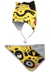 Čepice dvouvrstvá na zavazování + šátek, Zvířátka, Bexa - hořčicová