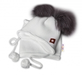 Zimní čepice s fleecem a chlupáčkové bambulky Star + komínek - bílá, 104/116, BABY NELLYS; 104-116 (4-6r)