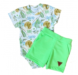 Body kr. rukáv + kraťásky s kapsami 2D sada, Cestovatel, G-baby, zelené; 68 (3-6m)