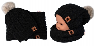 BABY NELLYS Zimní dvouvrstvá čepice s bambulí + komínek Star, černá; 104/110 (3-5r)