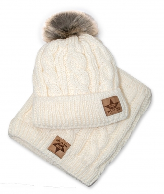 BABY NELLYS Zimní pletená čepice s bambulí + komínek, smetanová; 92/98 (18-36m)