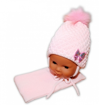 BABY NELLYS Zimní čepice/čepička Mašlička - světle růžová; 80-92 (12-24m)