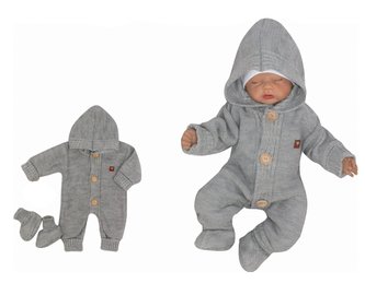 Z&Z Dětský pletený overálek s kapucí + botičky, šedý, vel. 86; 86 (12-18m)