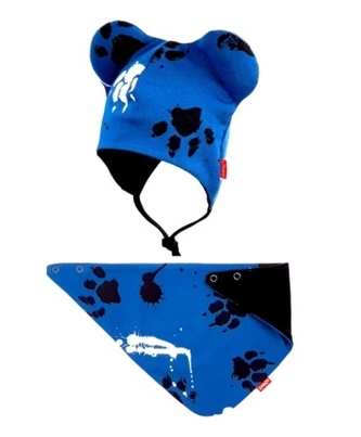 Bexa dvouvrstvá čepice na zavazování s oušky + šátek - Tlapky, granát, vel. 62/68; 62/68 (3-6m)