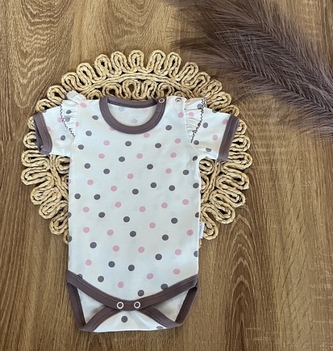 Kojenecké body, kr. rukáv Mamatti, zap. u krku, Puntík - smetana/hnědý lem, vel. 80; 80 (9-12m)