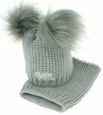 Zimní čepička s komínkem - chlupáčkové bambulky - šedá; 80-92 (12-24m)