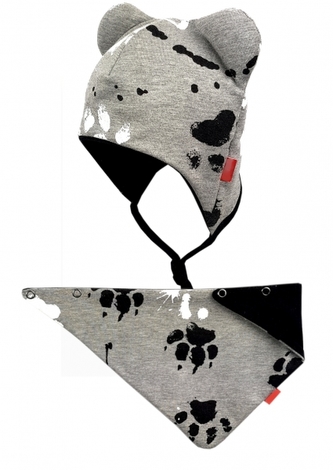 Dvouvrstvá čepice na zavazování s oušky + šátek Bexa - Tlapky, šedá, vel. 74/80