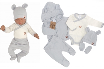Sada do porodnice 5D, body, polodupačky, kabátek, čepička, rukavičky - šedá, vel. 62; 62 (2-3m)