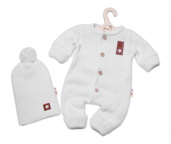 Baby Nellys 2-dílná sada Pletený overálek STAR + čepice Hand Made, bílý, vel. 80/86; 80/86 (12-18m)