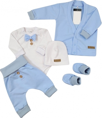 Bavlněná sada, body, kalhoty, motýlek a čepice Elegant Boy 5D, Kazum, modrá/bílá, vel. 68; 68 (3-6m)