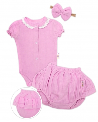 Baby Nellys 3-dílná mušelínová soupravička, body, kraťasky + čelenka GIRL, růžová, vel. 74; 74 (6-9m)