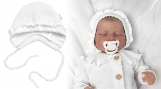 Pletená čepička na zavazování bonetka Girl, Hand Made Baby Nellys, bílá; 56/62 (0-3m)