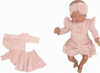 Z&Z 3-dílná žebrovaná soupravička body, suknička a čelenka, růžová, vel. 80; 80 (9-12m)