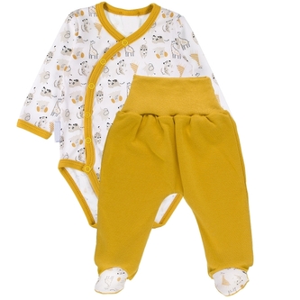 Zavinovací kojenecké body + polodupačky, bavlna, 2D sada, MBaby, Safari - hořčicovo/bílé; 56 (1-2m)