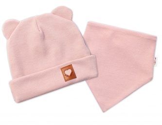 Baby Nellys Žebrovaná dvouvrstvá čepice s oušky + šátek TEDDY - pudrová, 68/74; 68/74 (6-9m)