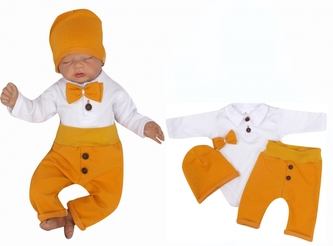 Bavlněná soupravička body, tepláčky, čepička a motýlek 4D, Z&Z, bílá/hořčicová, vel. 68; 68 (3-6m)