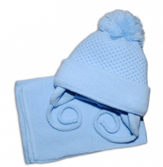 Zimní čepička se šálou - modrá s velkou bambulkou; 62/68 (3-6m)