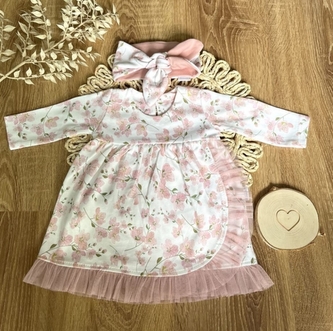 Šaty s tylovým lemem dl. rukáv, Květy višní, Mamatti, smetanovo/pudrové, vel. 86; 86 (12-18m)