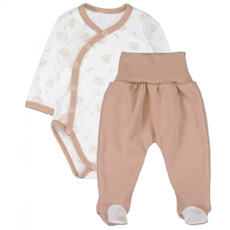 Body dlouhý rukáv zap. bokem+polodupačky Teddy Baby - béžový; 56 (1-2m)