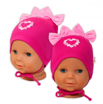 Bavlněná čepička na zavazování Baby Nellys s mašličkami - tm. růžová, 80/86; 80/86 (12-18m)