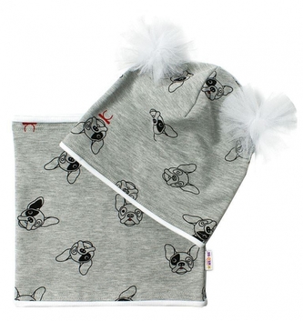 Baby Nellys Bavlněná sada čepička s tutu a nákrčník Pejsci - šedá, bílá,ekri; 98 (2-3r)