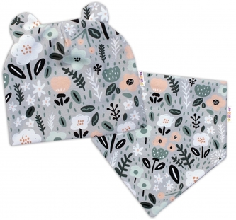 Baby Nellys Dvouvrstvá čepice s oušky + šátek Palouček, mátová; 62-74 (3-9m)