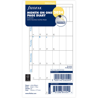 Filofax, Kalendář 2024 osobní, měsíc/1 strana, horizontální, AJ