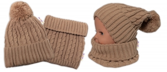 Zimní čepice s bambulí + komínek - béžová, vel. 48-52cm; 98-104 (2-4r)